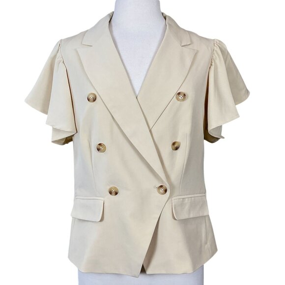 Nanette Lepore Almond Short Ruffle Sleeve Faux Double Breasted Blazer Med NWT - Picture 1 of 10